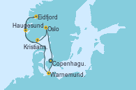 Visitando Copenhague (Dinamarca), Warnemunde (Alemania), Haugesund (Noruega), Eidfjord (Hardangerfjord/Noruega), Kristiansand (Noruega), Oslo (Noruega), Copenhague (Dinamarca)
