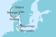 Visitando Copenhague (Dinamarca), Warnemunde (Alemania), Stavanger (Noruega), Eidfjord (Hardangerfjord/Noruega), Kristiansand (Noruega), Oslo (Noruega), Copenhague (Dinamarca)