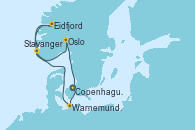 Visitando Copenhague (Dinamarca), Warnemunde (Alemania), Stavanger (Noruega), Eidfjord (Hardangerfjord/Noruega), Oslo (Noruega), Copenhague (Dinamarca)