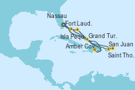 Visitando Fort Lauderdale (Florida/EEUU), Nassau (Bahamas), Amber Cove (República Dominicana), Grand Turks(Turks & Caicos), Isla Pequeña (San Salvador/Bahamas), Fort Lauderdale (Florida/EEUU), Grand Turks(Turks & Caicos), San Juan (Puerto Rico), Saint Thomas (Islas Vírgenes), Isla Pequeña (San Salvador/Bahamas), Fort Lauderdale (Florida/EEUU)