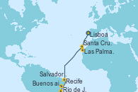 Visitando Lisboa (Portugal), Las Palmas de Gran Canaria (España), Santa Cruz de Tenerife (España), Recife (Brasil), Salvador de Bahía (Brasil), Río de Janeiro (Brasil), Buenos aires