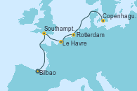 Visitando Bilbao (España), Southampton (Inglaterra), Le Havre (Francia), Rotterdam (Holanda), Copenhague (Dinamarca)