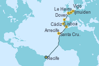 Visitando Recife (Brasil), Santa Cruz de Tenerife (España), Arrecife (Lanzarote/España), Cádiz (España), Lisboa (Portugal), Vigo (España), Le Havre (Francia), Dover (Inglaterra), Ijmuiden (Ámsterdam)