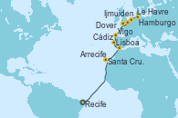 Visitando Recife (Brasil), Santa Cruz de Tenerife (España), Arrecife (Lanzarote/España), Cádiz (España), Lisboa (Portugal), Vigo (España), Le Havre (Francia), Dover (Inglaterra), Ijmuiden (Ámsterdam), Hamburgo (Alemania)