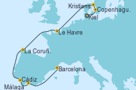 Visitando Kiel (Alemania), Copenhague (Dinamarca), Kristiansand (Noruega), Le Havre (Francia), La Coruña (Galicia/España), Cádiz (España), Málaga, Barcelona