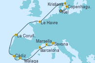 Visitando Kiel (Alemania), Copenhague (Dinamarca), Kristiansand (Noruega), Le Havre (Francia), La Coruña (Galicia/España), Cádiz (España), Málaga, Barcelona, Marsella (Francia), Savona (Italia)