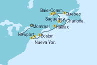 Visitando Montreal (Canadá), Quebec (Canadá), Quebec (Canadá), Saguenay (Canadá), Baie-Commeau (Quebec/Canadá), Charlottetown (Canadá), Halifax (Canadá), Boston (Massachusetts), Newport (Rhode Island), Nueva York (Estados Unidos)