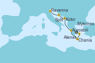 Visitando Atenas (Grecia), Mykonos (Grecia), Chania (Creta/Grecia), Argostoli (Grecia), Kotor (Montenegro), Split (Croacia), Ravenna (Italia)