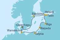 Visitando Copenhague (Dinamarca), Warnemunde (Alemania), Gdynia (Polonia), Klaipeda (Lituania), Riga (Letonia), Tallin (Estonia), Helsinki (Finlandia), Estocolmo (Suecia), Estocolmo (Suecia), Copenhague (Dinamarca)