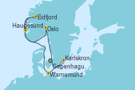 Visitando Copenhague (Dinamarca), Karlskrona (Suecia), Warnemunde (Alemania), Haugesund (Noruega), Eidfjord (Hardangerfjord/Noruega), Oslo (Noruega), Copenhague (Dinamarca)