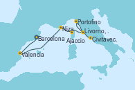 Visitando Barcelona, Valencia, Niza (Francia), Ajaccio (Córcega), Livorno, Pisa y Florencia (Italia), Portofino (Italia), Civitavecchia (Roma)