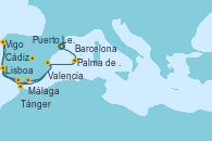 Visitando Barcelona, Palma de Mallorca (España), Valencia, Málaga, Cádiz (España), Tánger (Marruecos), Vigo (España), Puerto Leixões (Portugal), Lisboa (Portugal)
