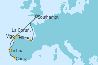 Visitando Southampton (Inglaterra), Vigo (España), Lisboa (Portugal), Cádiz (España), La Coruña (Galicia/España), Bilbao (España), Southampton (Inglaterra)