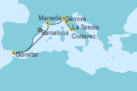 Visitando Barcelona, Gibraltar (Inglaterra), Marsella (Francia), Génova (Italia), La Spezia, Florencia y Pisa (Italia), Civitavecchia (Roma)