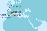 Visitando Barcelona, Palma de Mallorca (España), Cartagena (Murcia), Cádiz (España), Southampton (Inglaterra), Southampton (Inglaterra)