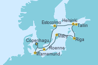Visitando Copenhague (Dinamarca), Warnemunde (Alemania), Roenne (Dinamarca), Visby (Suecia), Riga (Letonia), Tallin (Estonia), Helsinki (Finlandia), Estocolmo (Suecia), Estocolmo (Suecia), Copenhague (Dinamarca)