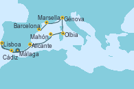 Visitando Málaga, Cádiz (España), Lisboa (Portugal), Alicante (España), Mahón (Menorca/España), Olbia (Cerdeña), Génova (Italia), Marsella (Francia), Barcelona