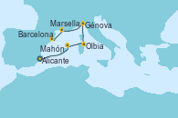 Visitando Alicante (España), Mahón (Menorca/España), Olbia (Cerdeña), Génova (Italia), Marsella (Francia), Barcelona