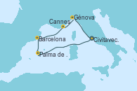 Visitando Civitavecchia (Roma), Palma de Mallorca (España), Barcelona, Cannes (Francia), Génova (Italia), Civitavecchia (Roma)