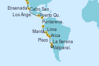 Visitando Valparaíso (Chile), La Serena (Coquimbo/Chile), Arica (Chile), Pisco (Perú), Lima (Callao/Perú), Lima (Callao/Perú), Manta (Ecuador), Puntarenas (Costa Rica), Puerto Quetzal (Guatemala), Cabo San Lucas (México), Ensenada (México), Los Ángeles (California)