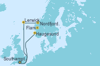 Visitando Southampton (Inglaterra), Lerwick (Escocia), Nordfjordeid, Flam (Noruega), Haugesund (Noruega), Southampton (Inglaterra)