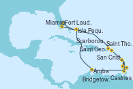 Visitando Fort Lauderdale (Florida/EEUU), Saint Thomas (Islas Vírgenes), San Cristóbal y Nieves, Castries (Santa Lucía/Caribe), Bridgetown (Barbados), Saint George (Grenada), Scarborough (Trinidad & Tobago), Aruba (Antillas), Isla Pequeña (San Salvador/Bahamas), Miami (Florida/EEUU)