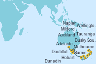 Visitando Melbourne (Australia), Adelaide (Australia), Burnie (Tasmania/Australia), Hobart (Australia), Milfjord Sound (Nueva Zelanda), Doubtful Sound (Nueva Zelanda), Dusky Sound (Nueva Zelanda), Dunedin (Nueva Zelanda), Wellington (Nueva Zelanda), Napier (Nueva Zelanda), Tauranga (Nueva Zelanda), Auckland (Nueva Zelanda)