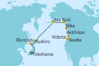 Visitando Yokohama (Japón), Muroran (Japón), Kushiro (Japón), Isla Kodiak (Alaska), Sitka (Alaska), Ketchikan (Alaska), Victoria (Canadá), Seattle (Washington/EEUU)