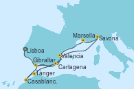 Visitando Lisboa (Portugal), Cartagena (Murcia), Valencia, Savona (Italia), Marsella (Francia), Tánger (Marruecos), Casablanca (Marruecos), Gibraltar (Inglaterra), Valencia