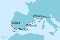 Visitando Valencia, Savona (Italia), Marsella (Francia), Málaga, Cádiz (España), Lisboa (Portugal)