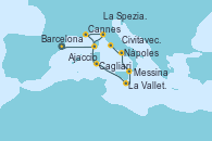 Visitando Barcelona, Ajaccio (Córcega), La Spezia, Florencia y Pisa (Italia), Cannes (Francia), Cagliari (Cerdeña), La Valletta (Malta), Messina (Sicilia), Nápoles (Italia), Civitavecchia (Roma)