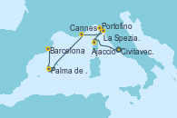 Visitando Civitavecchia (Roma), Ajaccio (Córcega), Portofino (Italia), La Spezia, Florencia y Pisa (Italia), Cannes (Francia), Palma de Mallorca (España), Barcelona