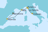 Visitando Barcelona, Valencia, Niza (Francia), Portofino (Italia), La Spezia, Florencia y Pisa (Italia), La Spezia, Florencia y Pisa (Italia), Civitavecchia (Roma)
