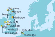 Visitando Rotterdam (Holanda), Edimburgo (Escocia), Invergordon (Escocia), Stornoway (Isla de Lewis/Escocia), Portree (Reino Unido), Isla de Mann (Reino Unido), Dun Laoghaire (Dublin/Irlanda), Liverpool (Reino Unido), Holyhead (Gales/Reino Unido), Cork (Irlanda), Zeebrugge (Bruselas), Rotterdam (Holanda)
