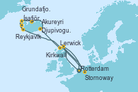Visitando Rotterdam (Holanda), Lerwick (Escocia), Djupivogur (Islandia), Akureyri (Islandia), Ísafjörður (Islandia), Reykjavik (Islandia), Reykjavik (Islandia), Grundafjord (Islandia), Stornoway (Isla de Lewis/Escocia), Kirkwall (Escocia), Rotterdam (Holanda)