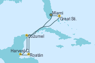 Visitando Miami (Florida/EEUU), Roatán (Honduras), Harvest Caye (Belize), Cozumel (México), Great Stirrup Cay (Bahamas), Miami (Florida/EEUU)