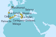Visitando Southampton (Inglaterra), La Coruña (Galicia/España), Cádiz (España), Málaga, Cartagena (Murcia), Palma de Mallorca (España), La Valletta (Malta), Messina (Sicilia), Salerno (Italia), Civitavecchia (Roma)