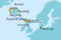 Visitando Hamburgo (Alemania), Lerwick (Escocia), Seydisfjordur (Islandia), Akureyri (Islandia), Ísafjörður (Islandia), Grundafjord (Islandia), Reykjavik (Islandia), Kirkwall (Escocia), Invergordon (Escocia), Aberdeen (Escocia), Hamburgo (Alemania)