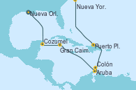 Visitando Nueva Orleans (Luisiana), Cozumel (México), Gran Caimán (Islas Caimán), Aruba (Antillas), Colón, Puerto Plata, Republica Dominicana, Nueva York (Estados Unidos)