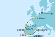 Visitando Hamburgo (Alemania), Le Havre (Francia), La Coruña (Galicia/España), Oporto (Portugal), Lisboa (Portugal), Cádiz (España), Málaga, Barcelona