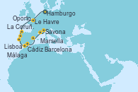 Visitando Hamburgo (Alemania), Le Havre (Francia), La Coruña (Galicia/España), Oporto (Portugal), Lisboa (Portugal), Cádiz (España), Málaga, Barcelona, Marsella (Francia), Savona (Italia)