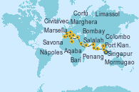 Visitando Singapur, Singapur, Port Klang (Malasia), Penang (Malasia), Colombo (Sri Lanka), Mormugao (India), Bombay (India), Bombay (India), Salalah (Omán), Aqaba (Jordania), Limassol (Chipre), Nápoles (Italia), Marsella (Francia), Savona (Italia), Civitavecchia (Roma), Corfú (Grecia), Bari (Italia), Marghera (Venecia/Italia)