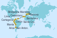 Visitando Savona (Italia), Marsella (Francia), Barcelona, Casablanca (Marruecos), Santa Cruz de Tenerife (España), Bridgetown (Barbados), Cartagena de Indias (Colombia), Colón, Manta (Ecuador), Manta (Ecuador), Lima (Callao/Perú), Arica (Chile), San Antonio (Chile)
