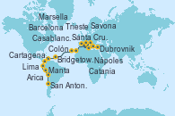 Visitando Trieste (Italia), Dubrovnik (Croacia), Catania (Sicilia), Nápoles (Italia), Savona (Italia), Marsella (Francia), Barcelona, Casablanca (Marruecos), Santa Cruz de Tenerife (España), Bridgetown (Barbados), Cartagena de Indias (Colombia), Colón, Manta (Ecuador), Manta (Ecuador), Lima (Callao/Perú), Arica (Chile), San Antonio (Chile)