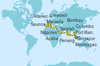 Visitando Singapur, Singapur, Port Klang (Malasia), Penang (Malasia), Colombo (Sri Lanka), Mormugao (India), Bombay (India), Bombay (India), Salalah (Omán), Aqaba (Jordania), Limassol (Chipre), Nápoles (Italia), Marsella (Francia), Savona (Italia), Civitavecchia (Roma)
