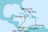 Visitando Fort Lauderdale (Florida/EEUU), Isla Pequeña (San Salvador/Bahamas), Curacao (Antillas), Cartagena de Indias (Colombia), Lago Gatun (Panamá), Colón (Panamá), Puerto Limón (Costa Rica), Montego Bay (Jamaica), Fort Lauderdale (Florida/EEUU)