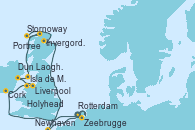 Visitando Rotterdam (Holanda), Newhaven (Reino Unido), Invergordon (Escocia), Stornoway (Isla de Lewis/Escocia), Portree (Reino Unido), Isla de Mann (Reino Unido), Dun Laoghaire (Dublin/Irlanda), Liverpool (Reino Unido), Holyhead (Gales/Reino Unido), Cork (Irlanda), Zeebrugge (Bruselas), Rotterdam (Holanda)