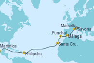 Visitando Savona (Italia), Marsella (Francia), Málaga, Funchal (Madeira), Santa Cruz de Tenerife (España), Philipsburg (St. Maarten), Martinica (Antillas)