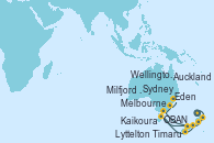 Visitando Auckland (Nueva Zelanda), Wellington (Nueva Zelanda), Kaikoura (Nueva Zelanda), Lyttelton (Nueva Zelanda), Timaru (Nueva Zelanda), OBAN (HALFMOON BAY), Milfjord Sound (Nueva Zelanda), Melbourne (Australia), Eden (Nueva Gales), Sydney (Australia)