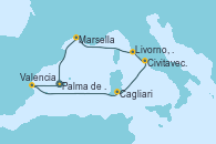 Visitando Palma de Mallorca (España), Valencia, Cagliari (Cerdeña), Civitavecchia (Roma), Livorno, Pisa y Florencia (Italia), Marsella (Francia), Palma de Mallorca (España)